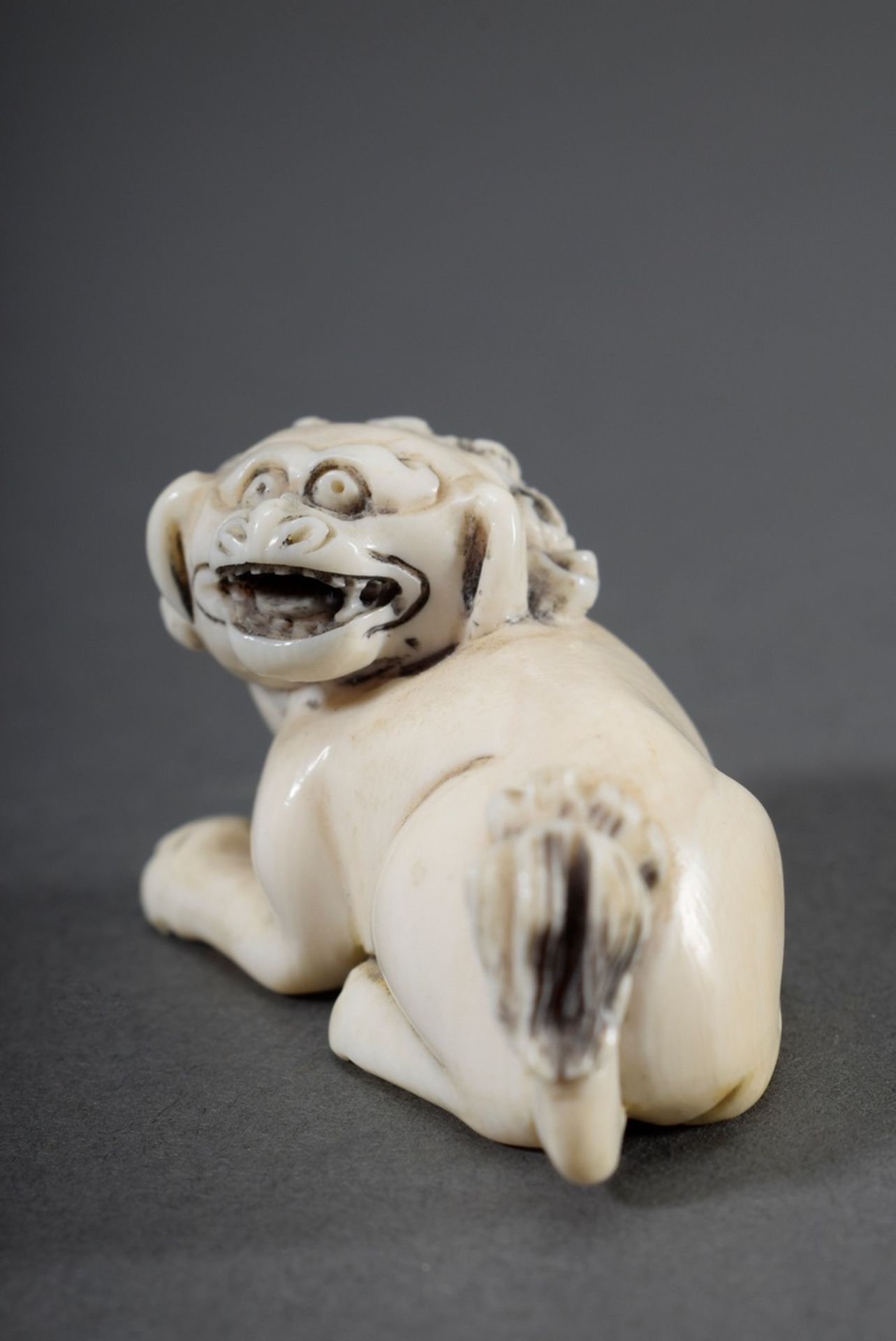 Elfenbein Netsuke "Liegender Fo-Löwe", am Boden sign., Anf. 20.Jh., H. 3cm, lei - Bild 4 aus 5