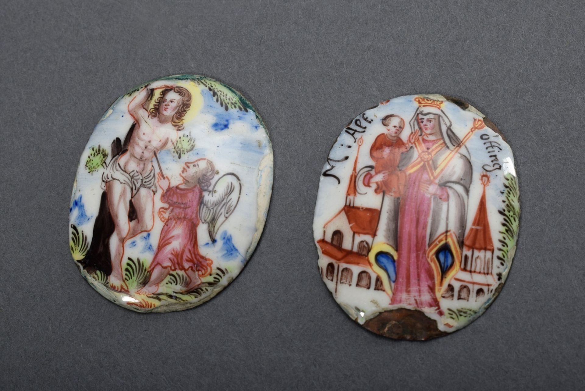 2 Diverse Miniatur Emaillebildchen "Gnadenbild von Altötting" und "Heiliger Seb - Bild 2 aus 3
