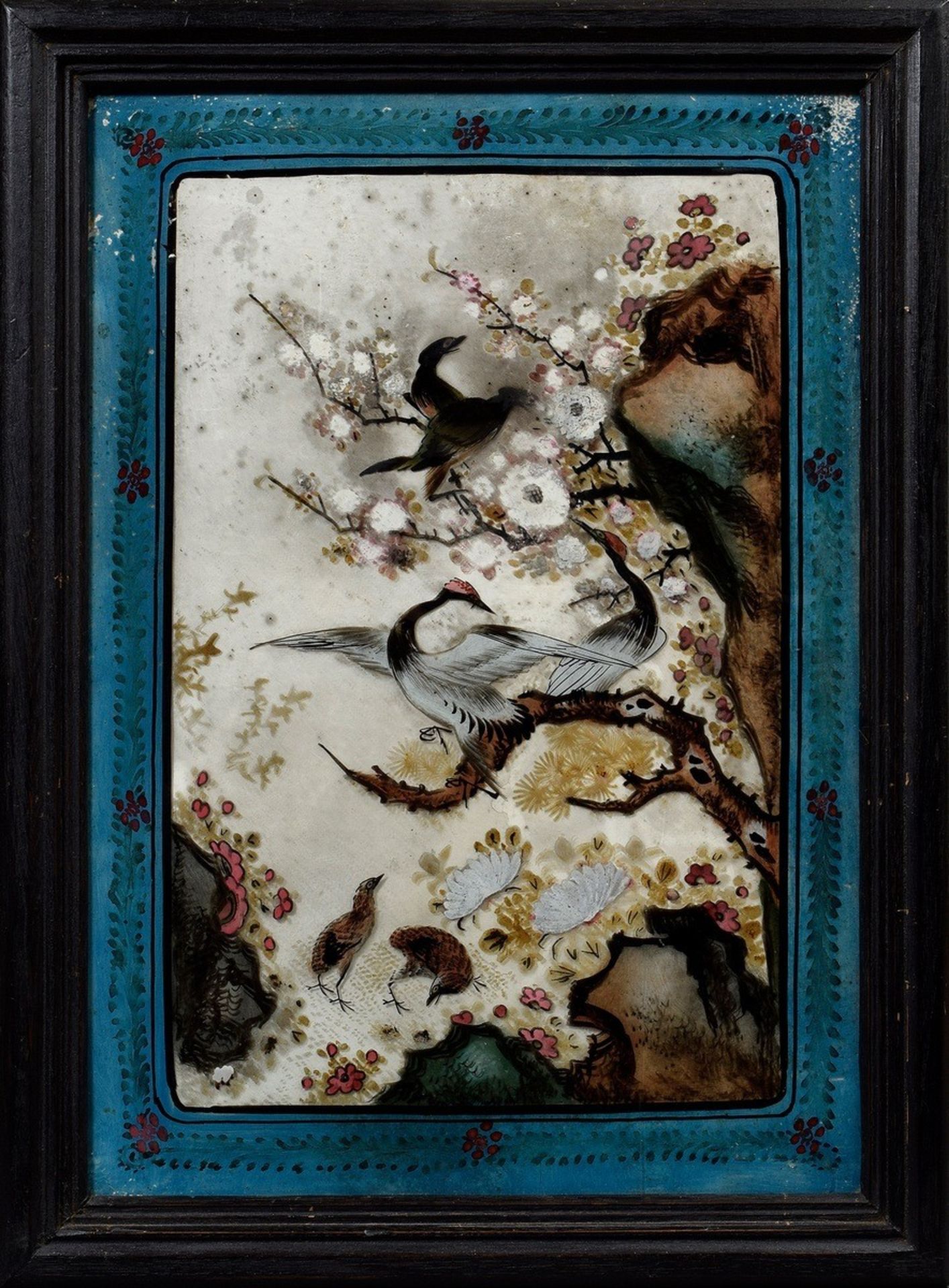 Paar chinesische Hinterglasmalereien "Felsen, Blumen und Kraniche", 49x34cm (m. - Bild 3 aus 5