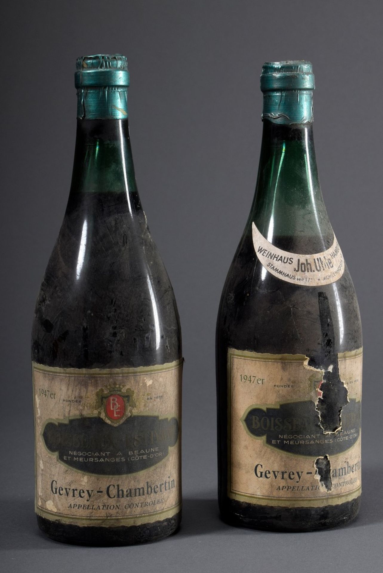 2 Flaschen "Gevray-Chambertin Boisseaux-Estivant" 1947, negociant a Beaune et M