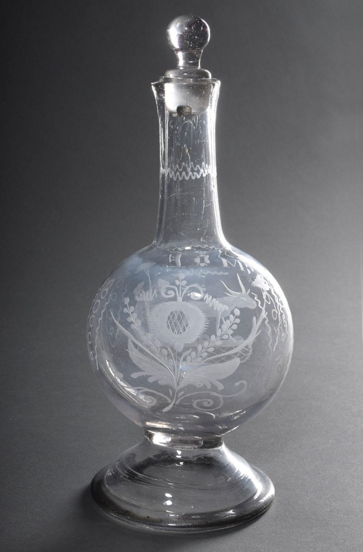 Antike Glas Phiole mit dekorativem Schliff "Kuh" und "Blüte" sowie Monogramm "M - Bild 2 aus 4