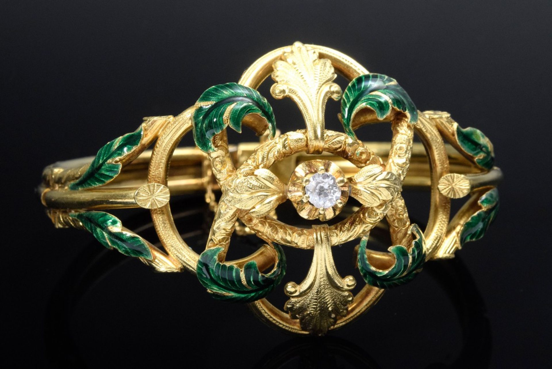 2 Teile Armreif und Nadel aus Biedermeier Demi-Parure mit grüner Emaillierung a - Bild 3 aus 8