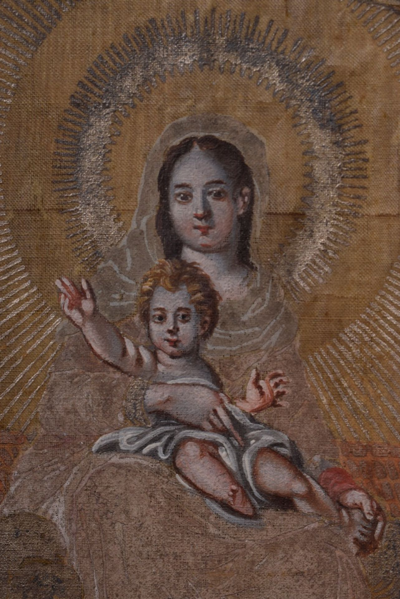 Kleines Andachtsbild "Muttergottes mit Kind", Metalldruck mit Gouache auf Stoff - Bild 3 aus 4