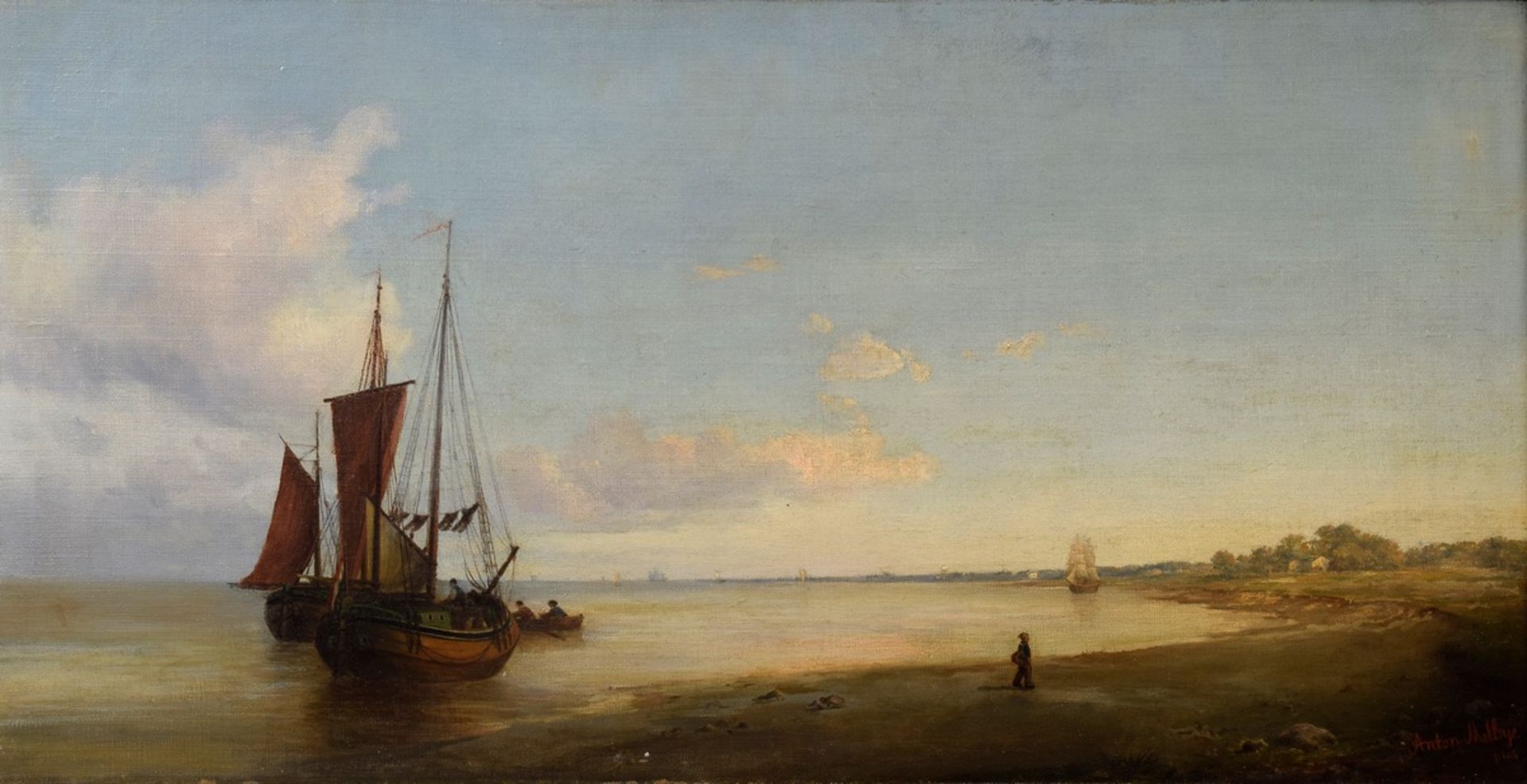 Melbye, Anton (1818-1875) "Schiff am Strand", Öl/Leinwand auf Holzplatte aufgez