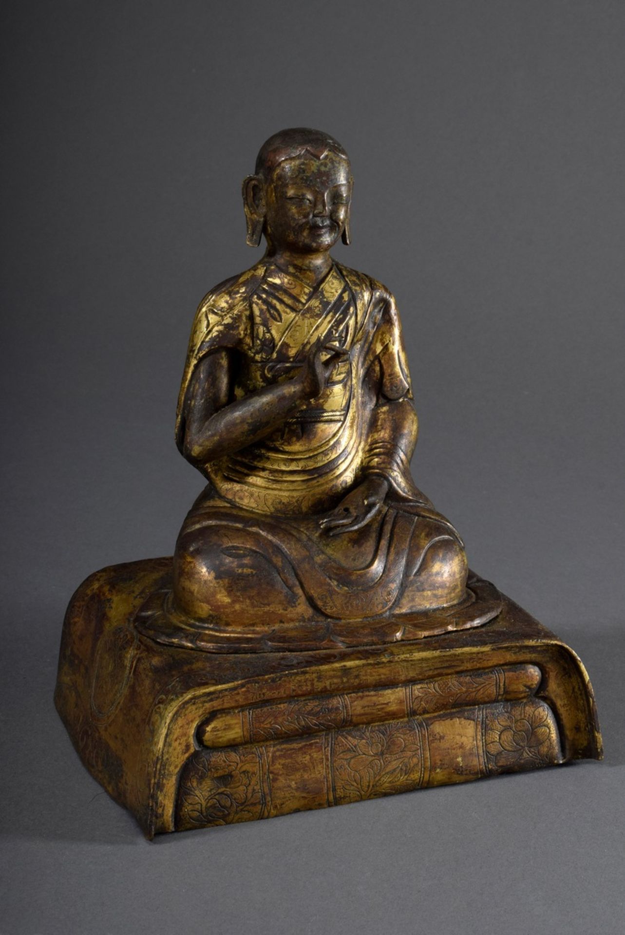 Portraitfigur "Meditierender Lama", rechte Hand in Vitarka-Mudra Geste, Metall