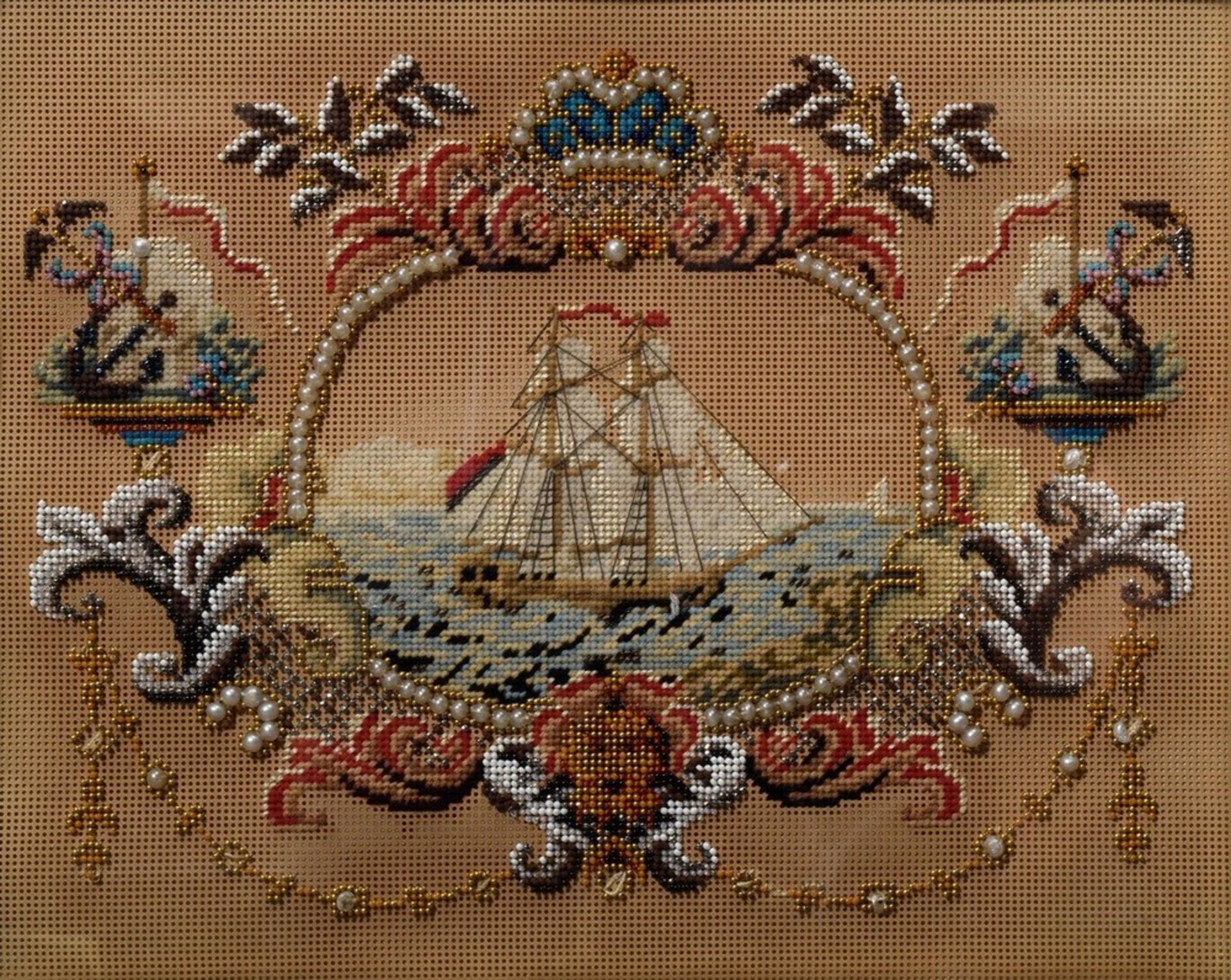 Biedermeier Perlstickerei "Segelschiff" 1838, verso dat./bez., 18,5x23,5cm (m.R - Image 2 of 3