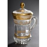 Facettierter Biedermeier Glas Deckelbecher mit v | Faceted Biedermeier glass lidded cup with variou