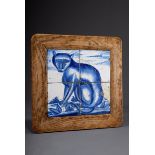 Blaumalerei Fliesenbild "Sitzende Katze" in Eiche | Blue painting tile picture "Sitting Cat" in oak