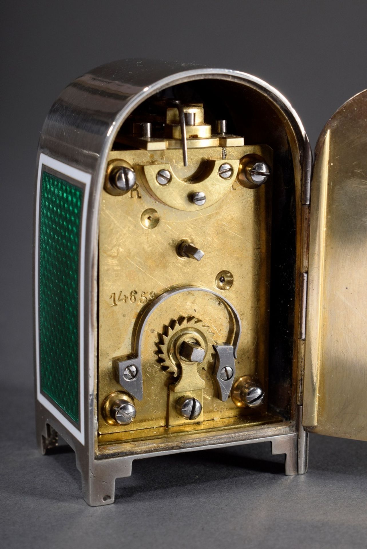 Miniatur Reiseuhr in Silber 800 Gehäuse mit grün | Miniature travelling clock in silver 800 case wi - Bild 8 aus 9