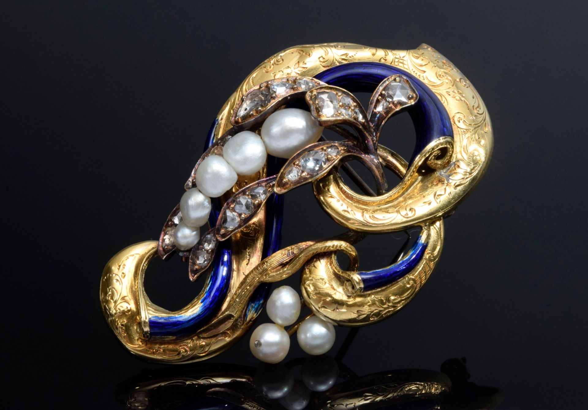 GG 750 Biedermeier Nadel mit blauem Emaille, Per | GG 750 Biedermeier pin with blue enamel, pearls