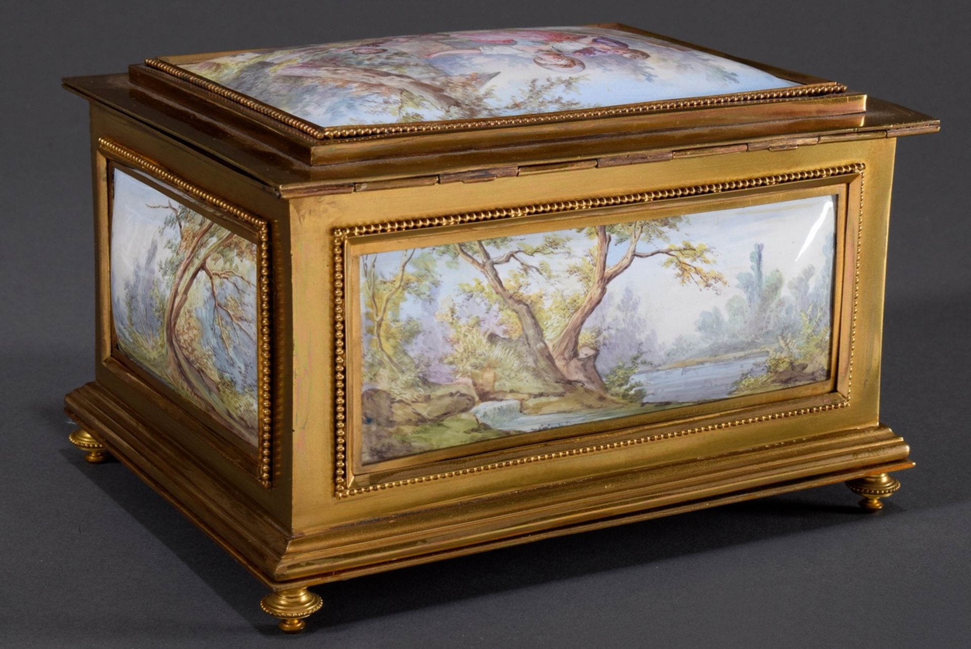 Große französische Emaille Schatulle mit 5 lupen | Large French enamel casket with 5 flawless pictu - Image 6 of 9