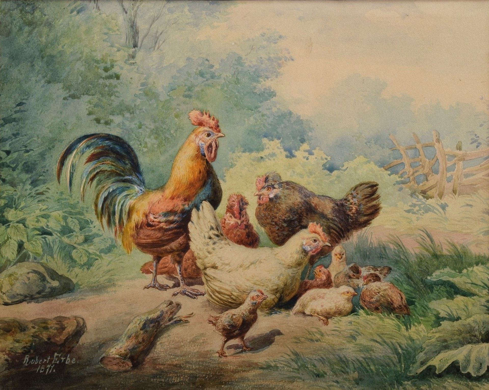 Erbe, Robert (1844-1903) "Hühner" 1871, Aquarel | Erbe, Robert (1844-1903) "Chickens" 1871, waterco