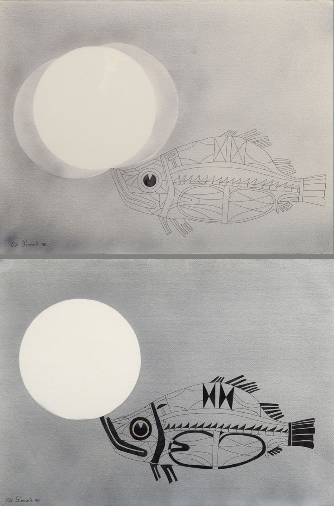 2 Stenvert, Curt (1920-1992) "Fische" 1980, Tint | 2 Stenvert, Curt (1920-1992) "Fishes" 1980, ink/