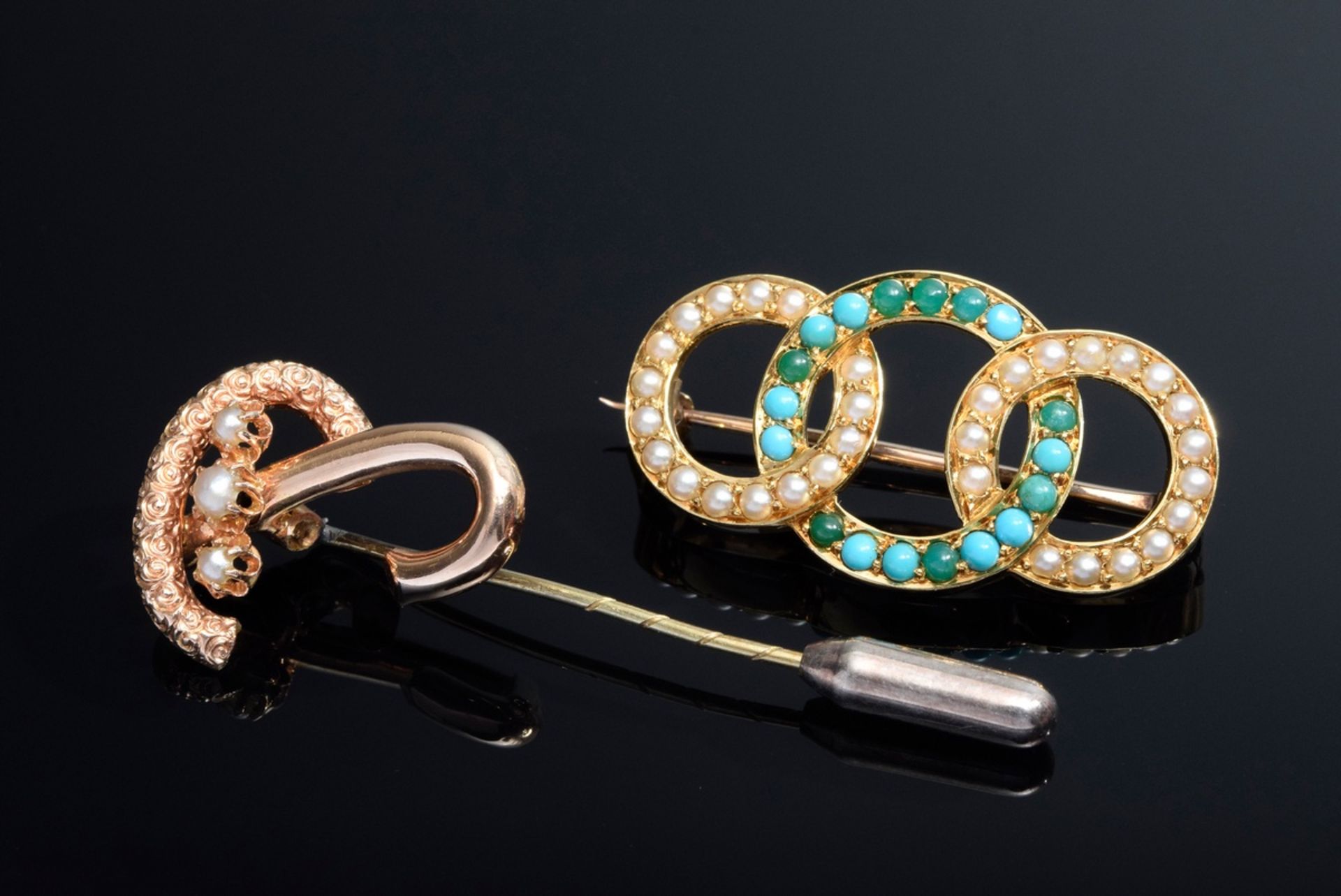 2 Diverse Biedermeier Schmuckstücke mit Saatperl | 2 Various pieces of Biedermeier jewellery with s