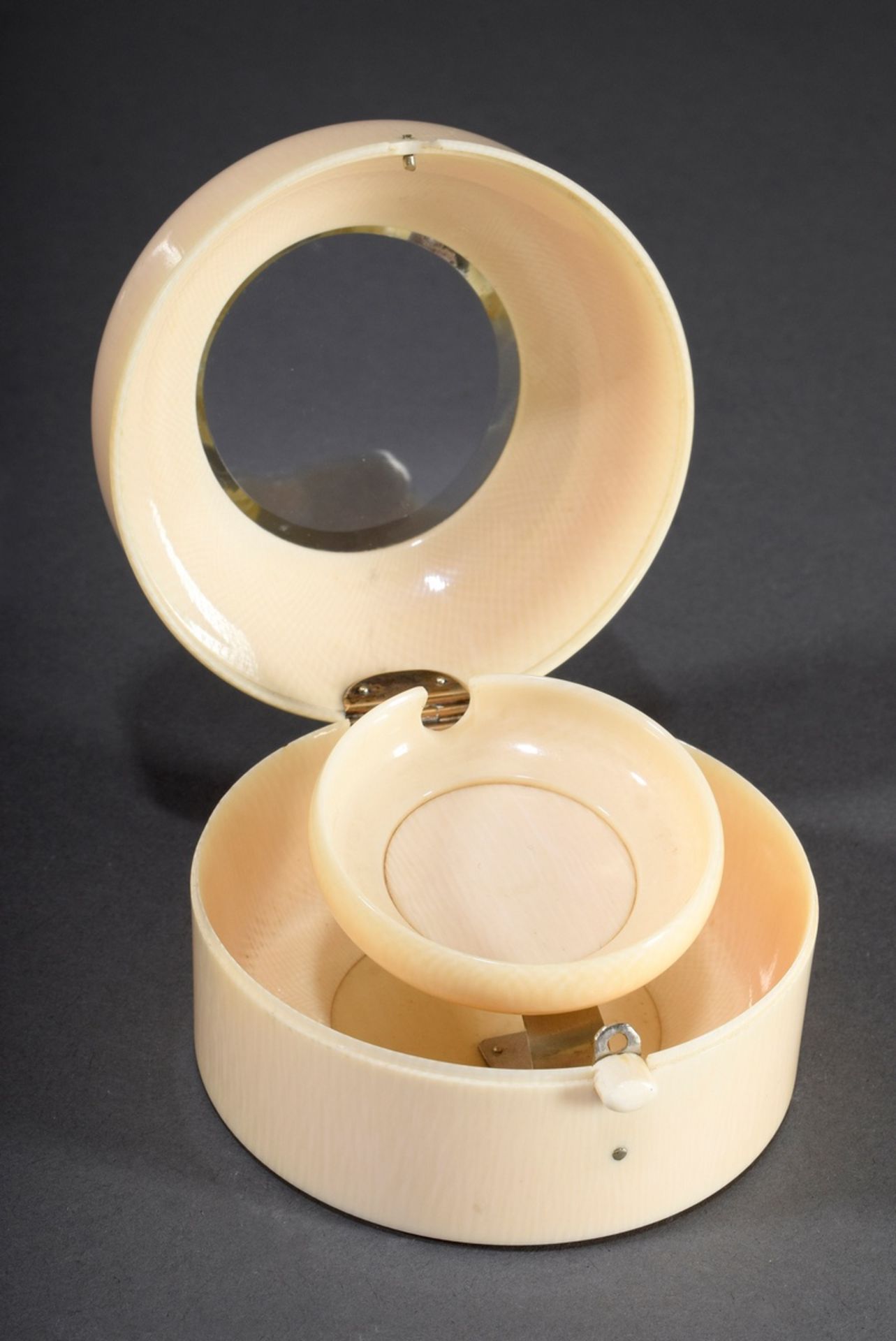 Runde Elfenbein Taschenuhr Ständer-Dose mit Lupe | Round ivory pocket watch stand box with magnifyi