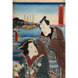 Japanischer Farbholzschnitt "Zwei Schauspieler v | Japanese woodblock print "Two actors in front of