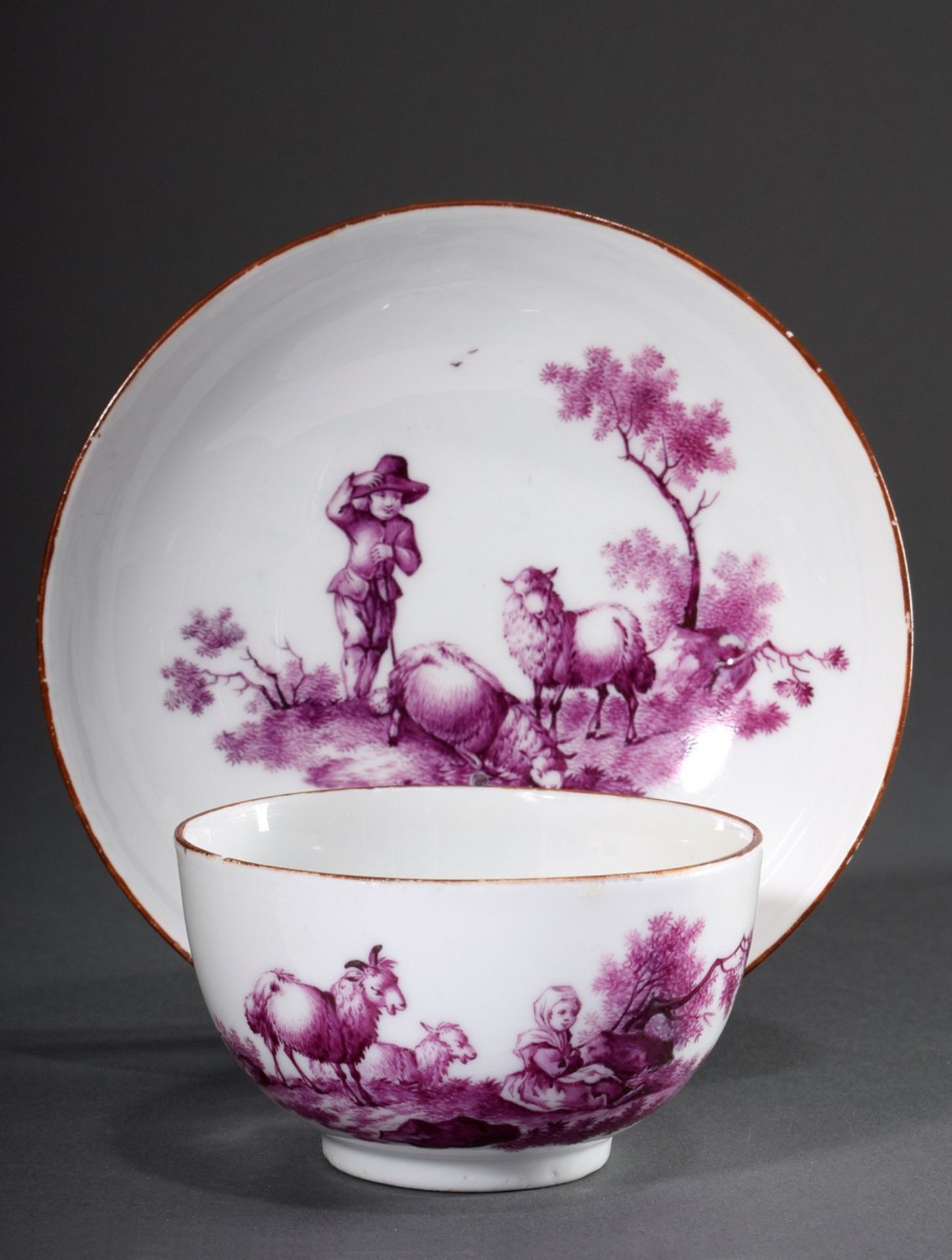 Meissen Tasse/UT mit Purpur Camaieu Malerei "Sch | Meissen cup/bottom with purple camaieu painting