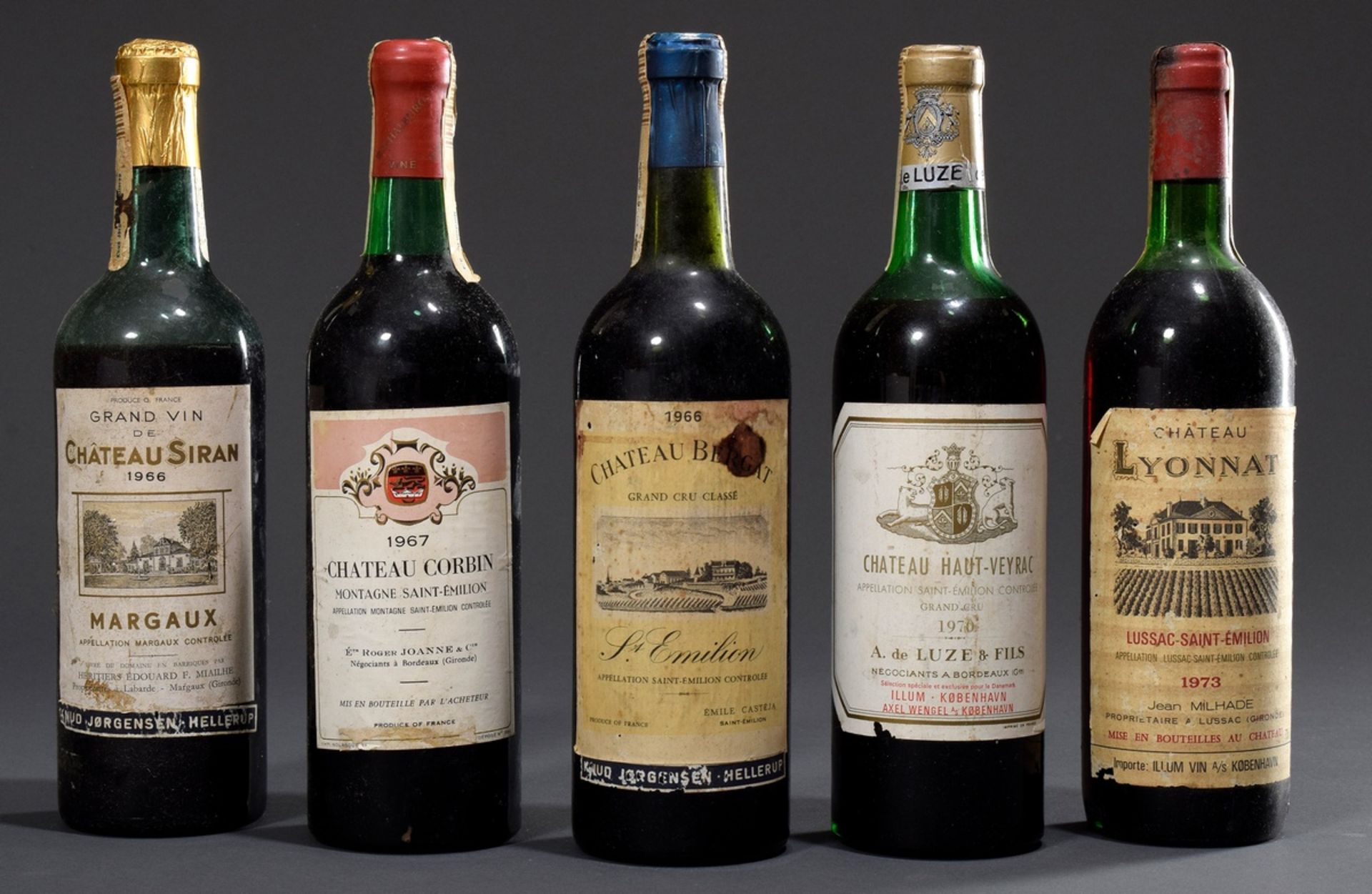 5 Diverse Flaschen Rotwein, Bordeaux, 1966 Chate | 5 Various bottles of red wine, Bordeaux, 1966 Ch