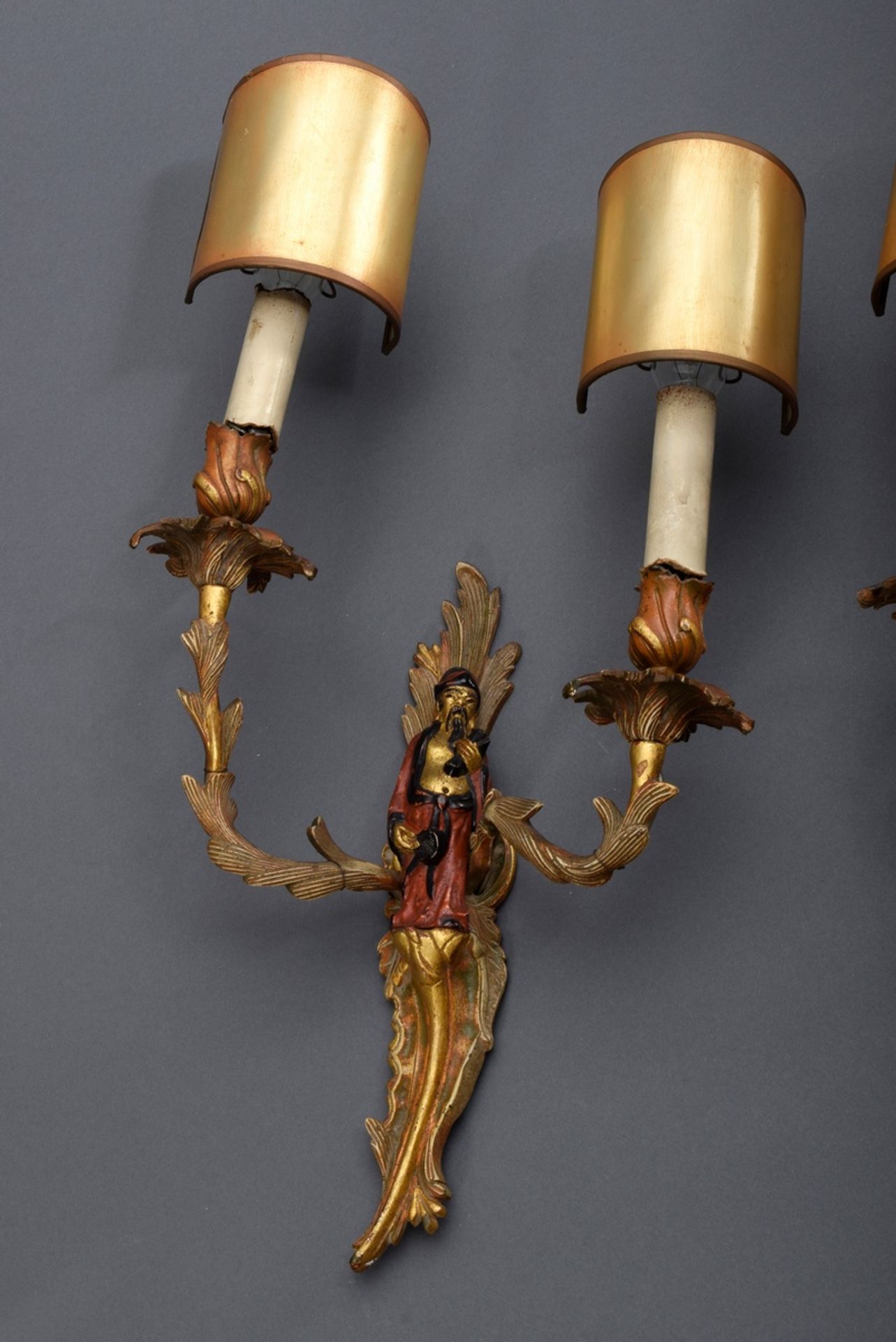Paar 2flammige Bronze Wandarme mit plastischen F | Pair of 2-lamp bronze wall arms with sculptural - Bild 3 aus 7