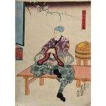 Japanischer Farbholzschnitt "Mann auf Sitzbank" | Japanese woodblock print "Man on bench" Kunisada