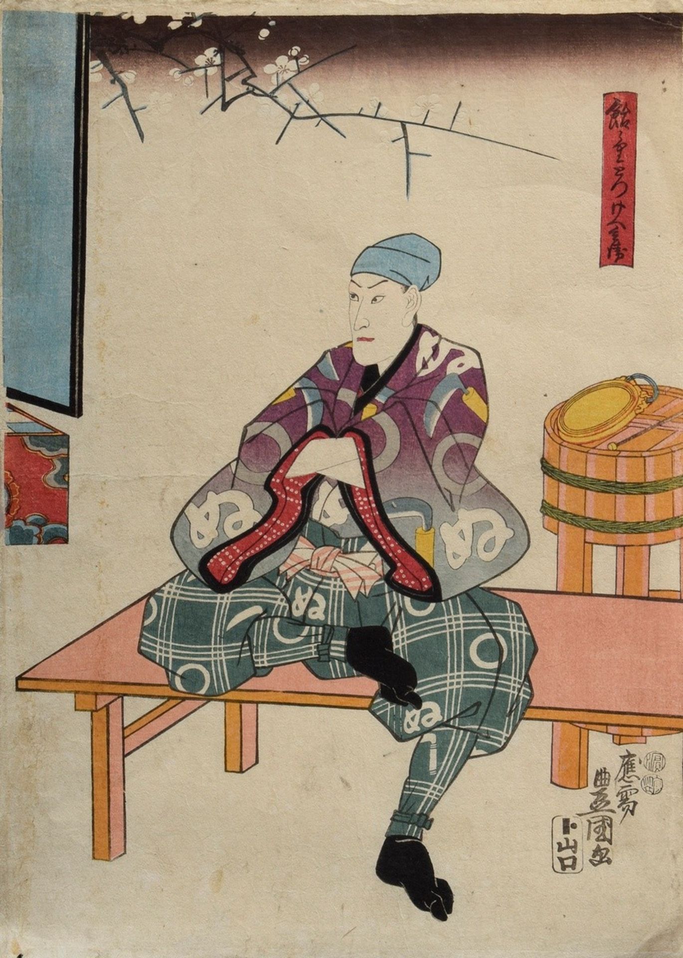 Japanischer Farbholzschnitt "Mann auf Sitzbank" | Japanese woodblock print "Man on bench" Kunisada