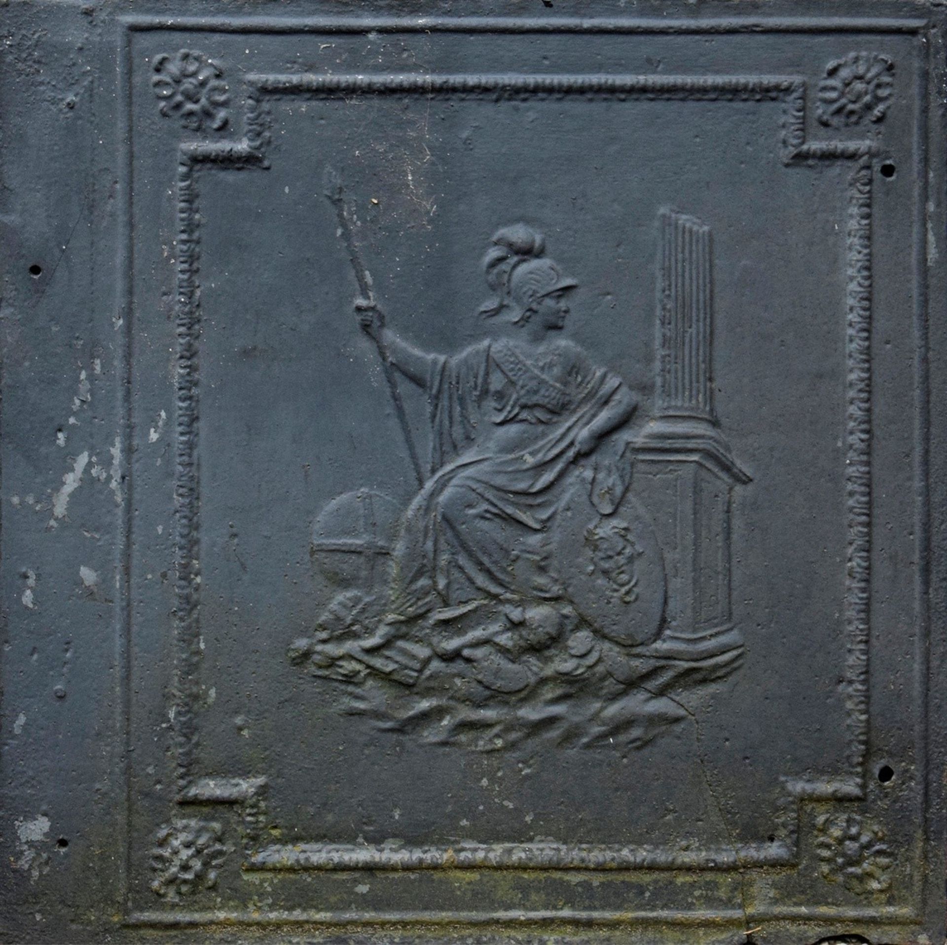 Große Eisen Ofenplatte "Herrscherallegorie" (Pal | Large iron stove plate "Ruler's Allegory" (Palla