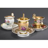 3 Diverse Biedermeier Porzellan Tassen/UT mit fa | 3 Various Biedermeier porcelain cups/saucers wit