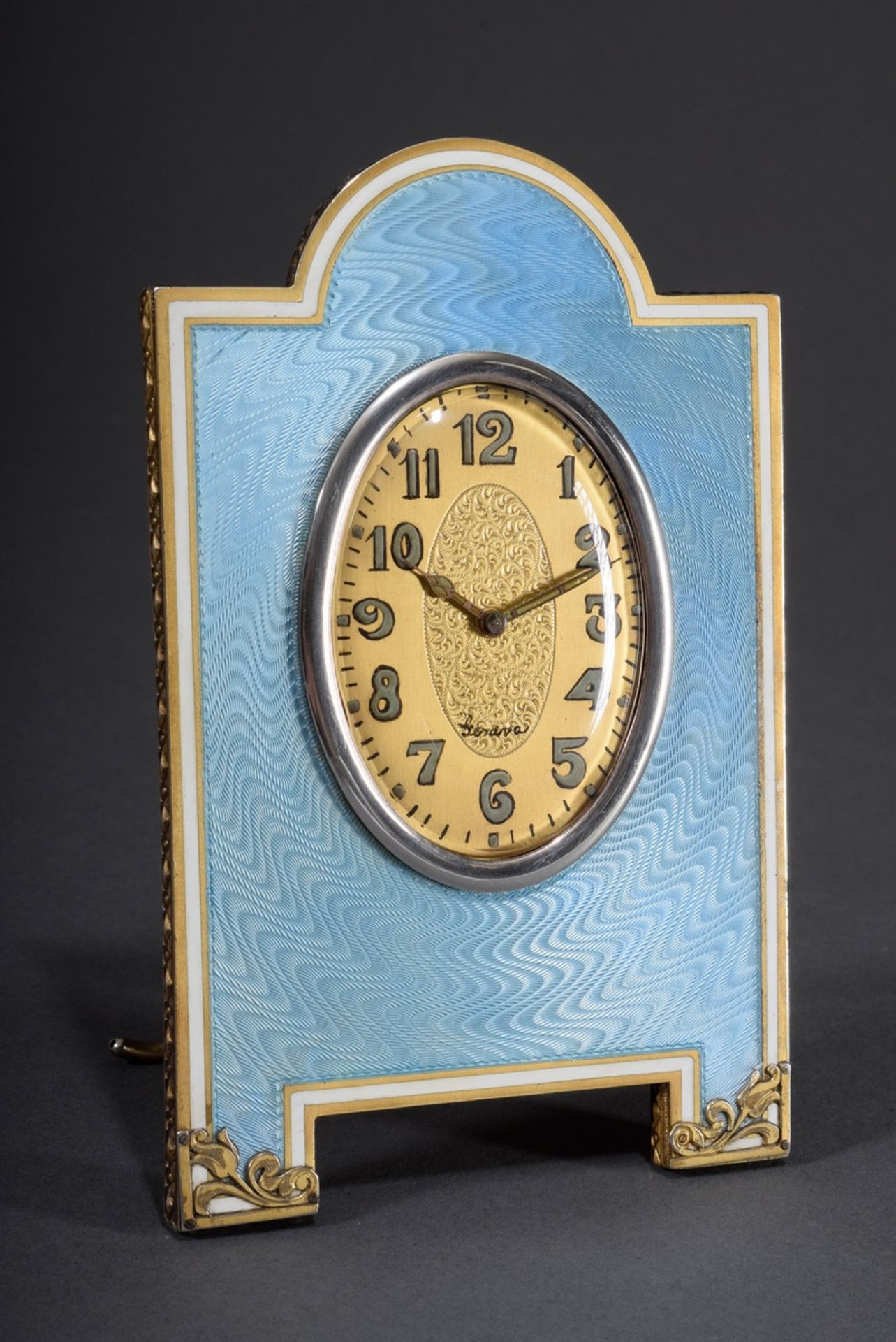 Tischuhr in rechteckigem Gehäuse mit halbrundem | Table clock in rectangular case with semi-circul