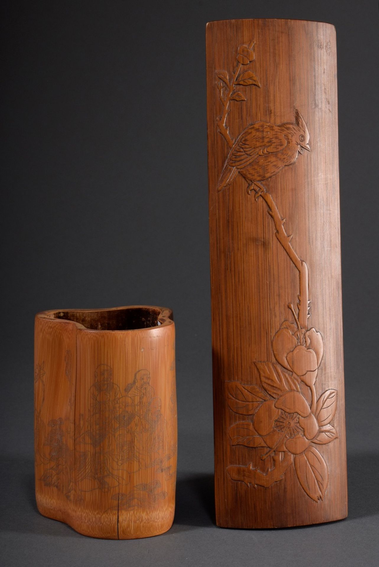 2 Diverse Teile Bambus Objekte: Armstütze "Vogel | 2 Various pieces of bamboo objects: Armrest "Bir