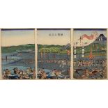 Japanisches Farbholzschnitt Triptychon "Samuraisc | Japanese colour woodcut triptych "Samurai battl