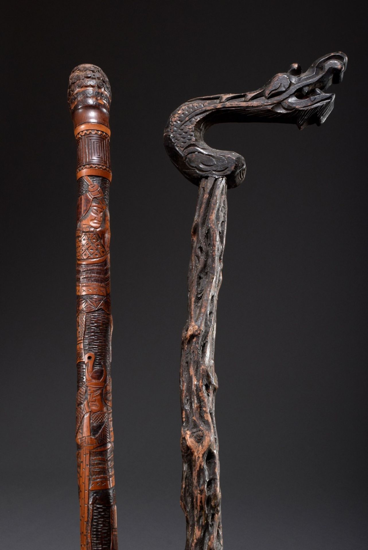 2 Diverse Gehstöcke: Knotenstock eines Daoisten | 2 various walking sticks: Knotted cane of a Daoi