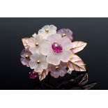 Florale GG 750 Nadel mit Rosenquarz, Turmalinen, | Floral GG 750 pin with rose quartz, tourmalines,