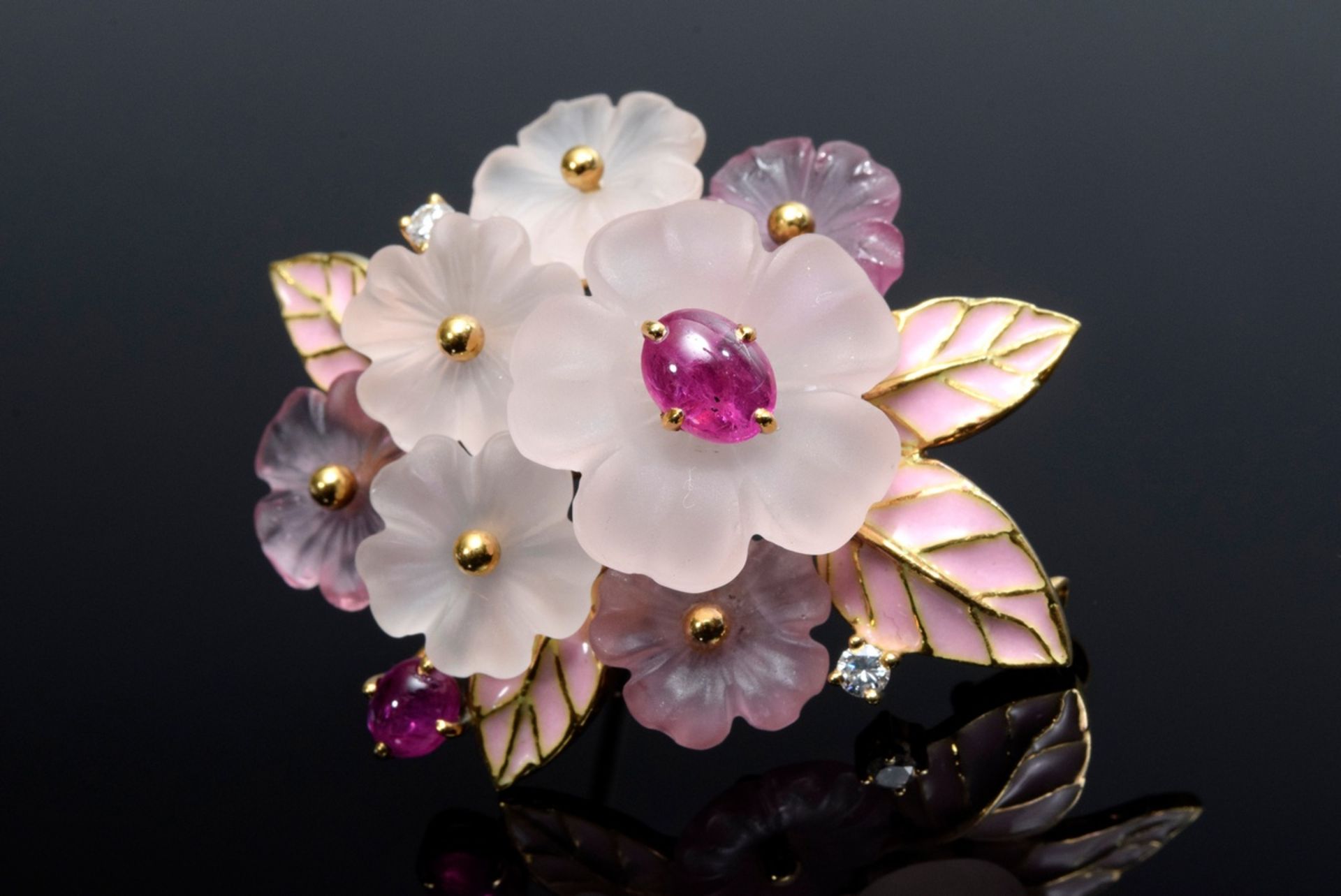 Florale GG 750 Nadel mit Rosenquarz, Turmalinen, | Floral GG 750 pin with rose quartz, tourmalines,