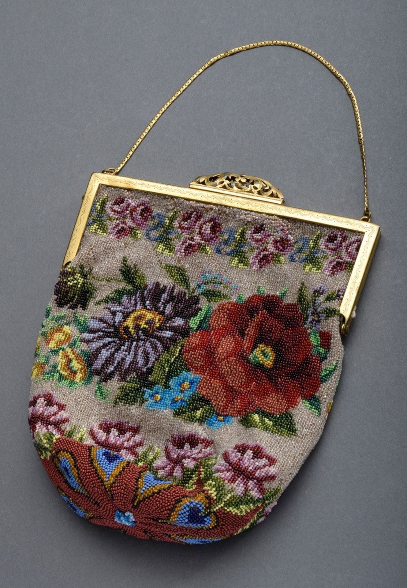 Biedermeier Perlbeutel "Blumenbouquet" an Messin | Biedermeier pearl bag "flower bouquet" on brass