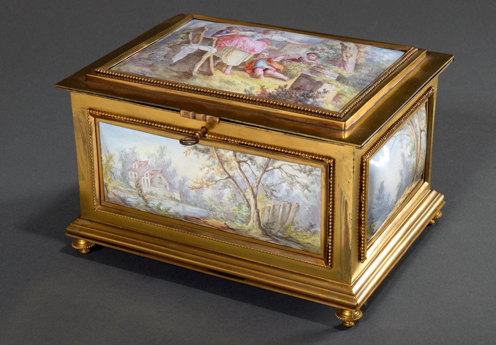 Große französische Emaille Schatulle mit 5 lupen | Large French enamel casket with 5 flawless pictu