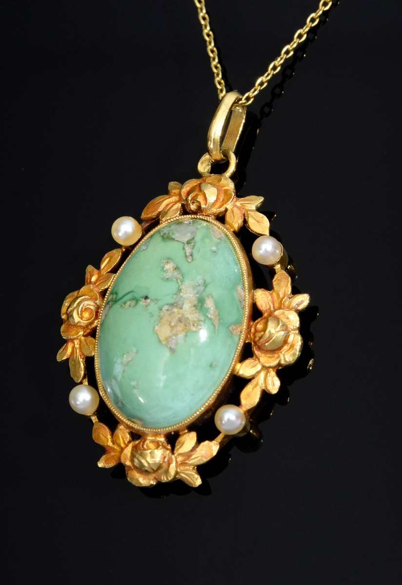 Ovaler GG 750 Anhänger mit Türkiscabochon und Sa | Oval GG 750 pendant with turquoise cabochon and
