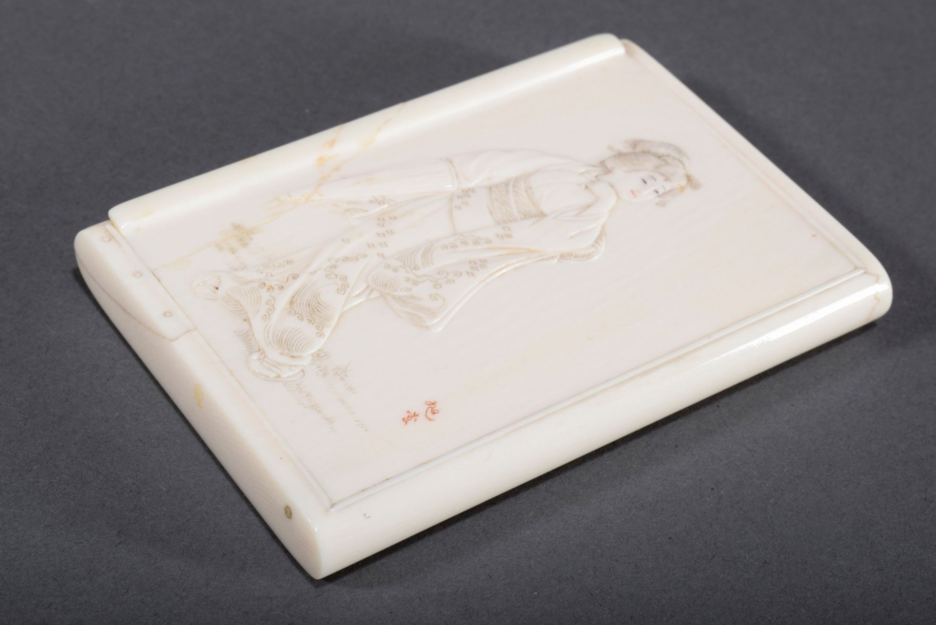 Elfenbein Etui mit fein geschnitztem Relief "Gei | Ivory case with finely carved relief "Geisha", s - Bild 2 aus 5