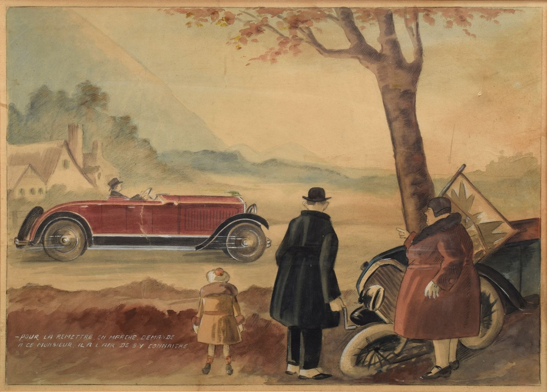 Unbekannter Karikaturist der 1920er Jahre "Autou | Unknown caricaturist of the 1920s "Car accident"