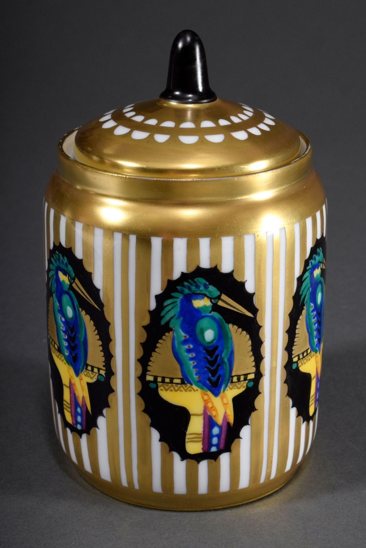 Kleine Art Deco Porzellan Deckeldose mit starkfa | Small Art Deco porcelain lidded box with brightl