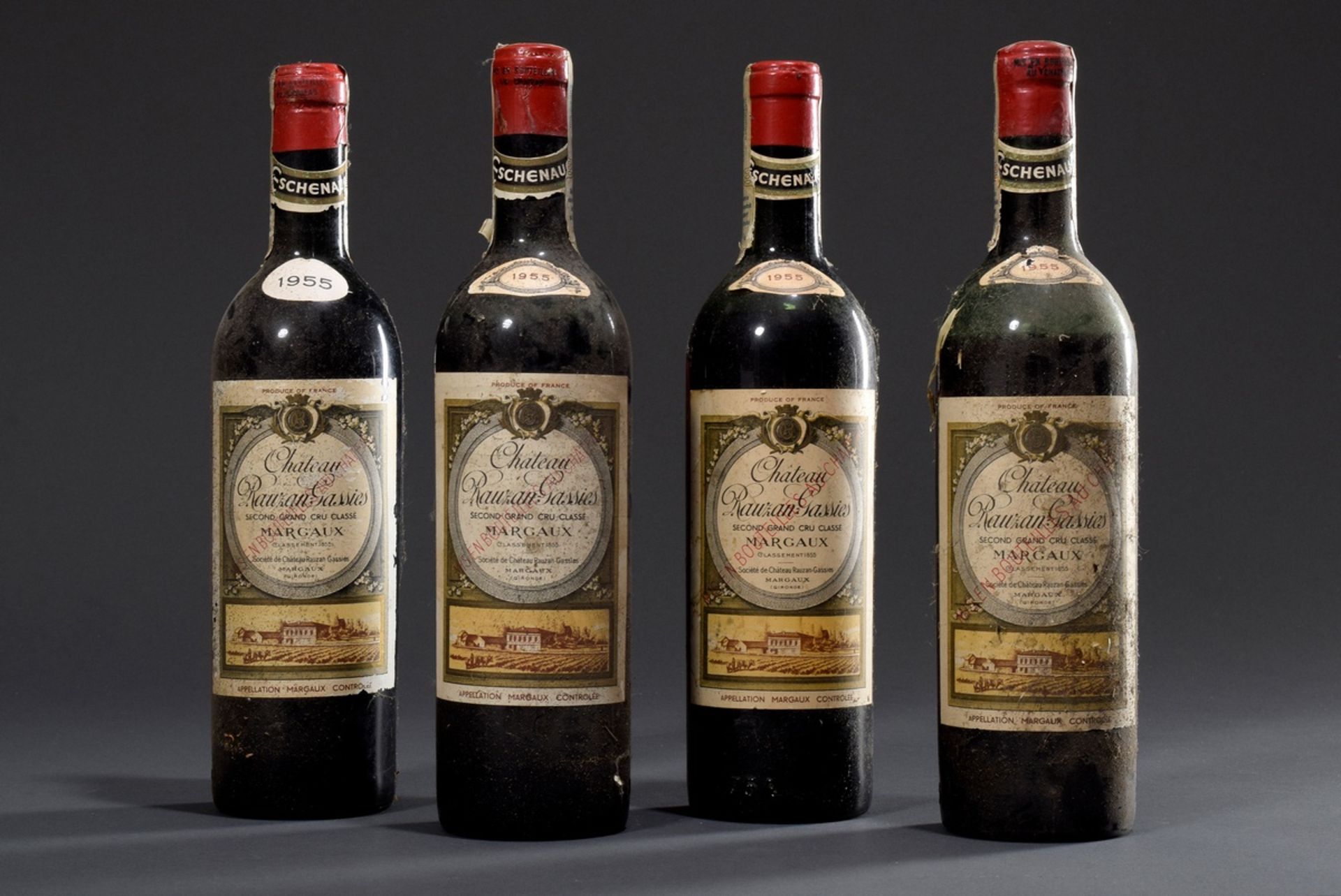 4 Flaschen Rotwein: 1955 "Chateau Rauzan Gassies | 4 bottles of red wine: 1955 "Chateau Rauzan Gass