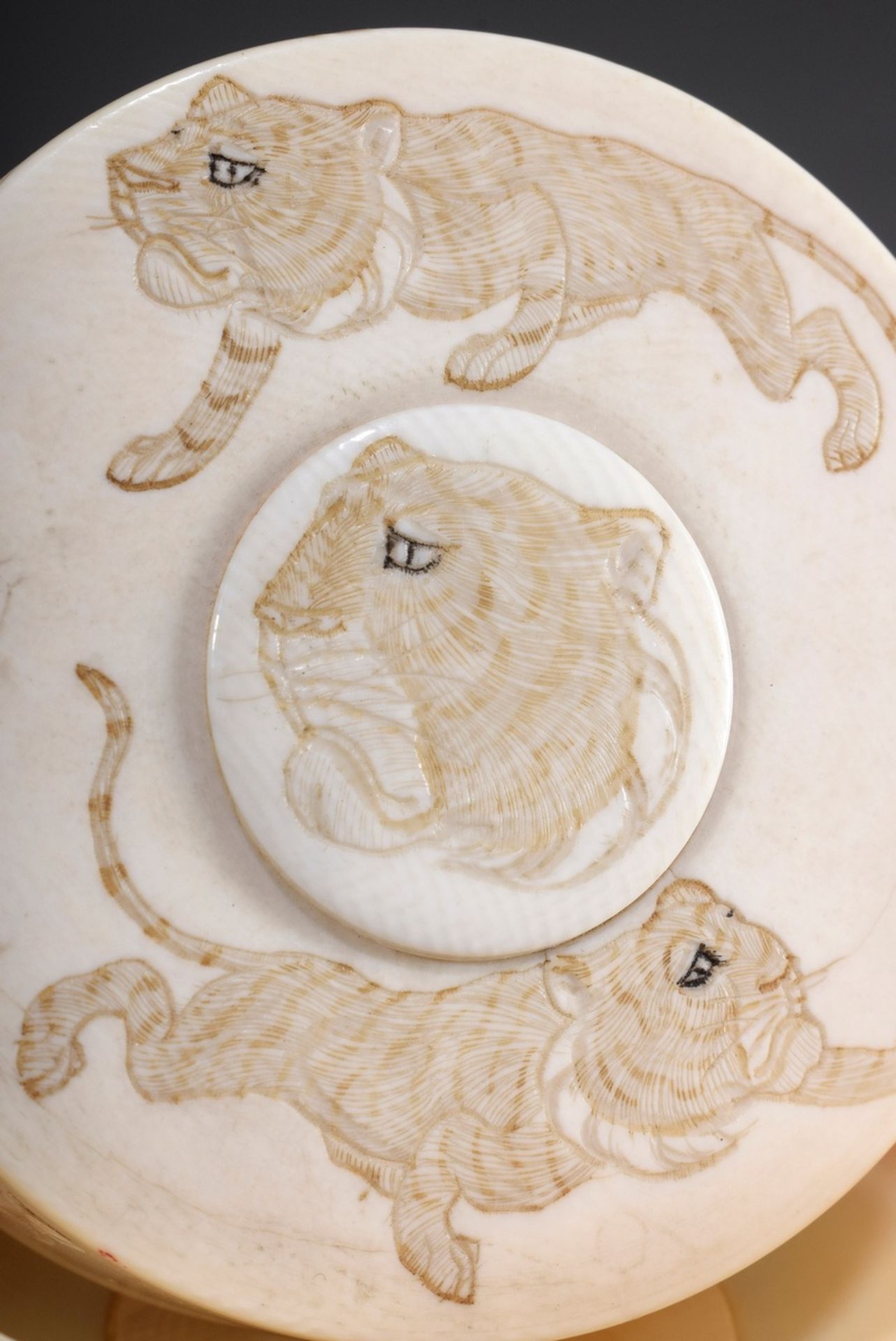 Elfenbein Dose mit graviertem Dekor "Tiger, Nash | Ivory box with engraved decoration "Tiger, rhino - Bild 3 aus 6