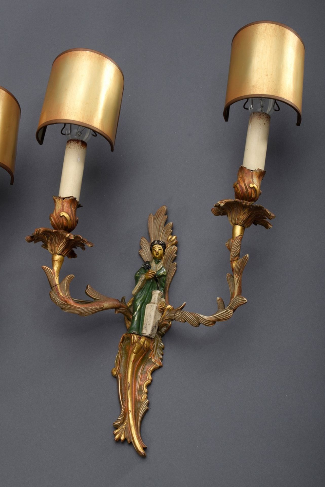 Paar 2flammige Bronze Wandarme mit plastischen F | Pair of 2-lamp bronze wall arms with sculptural - Bild 2 aus 7