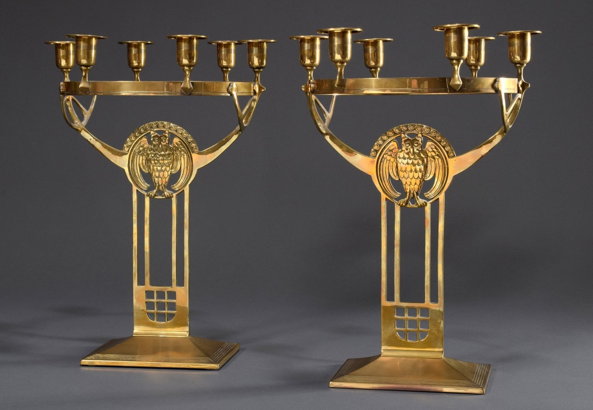 Paar 6-armige Jugendstil Tafelleuchter mit Eulen | Pair of 6-armed art nouveau table candlesticks w - Bild 2 aus 5