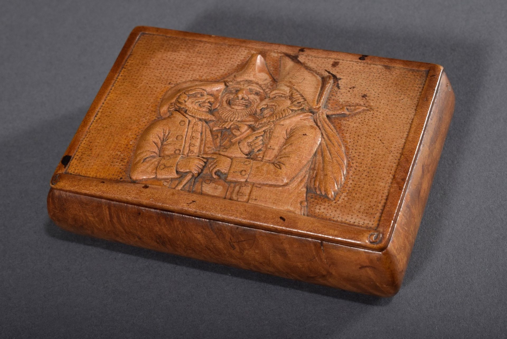 Wurzelholz Schnupftabakdose mit geschnitztem Rel | Burl wood snuff box with carved relief in the li - Bild 2 aus 8