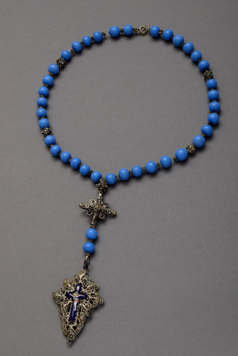Volkstümlicher Rosenkranz mit kleinem Emaille Kr | Folk rosary with small enamel cross in silver fi - Image 2 of 4