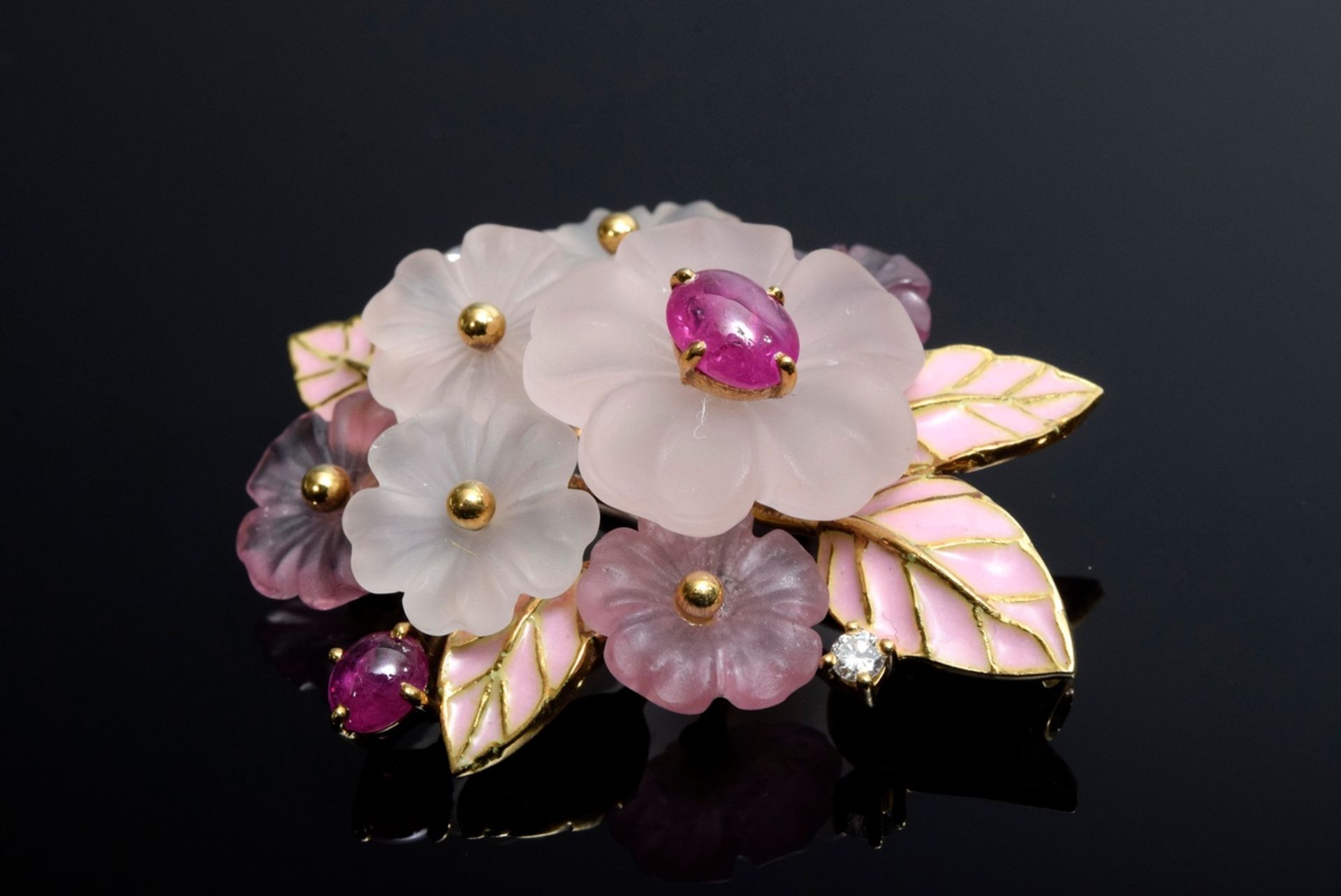 Florale GG 750 Nadel mit Rosenquarz, Turmalinen, | Floral GG 750 pin with rose quartz, tourmalines, - Bild 3 aus 3