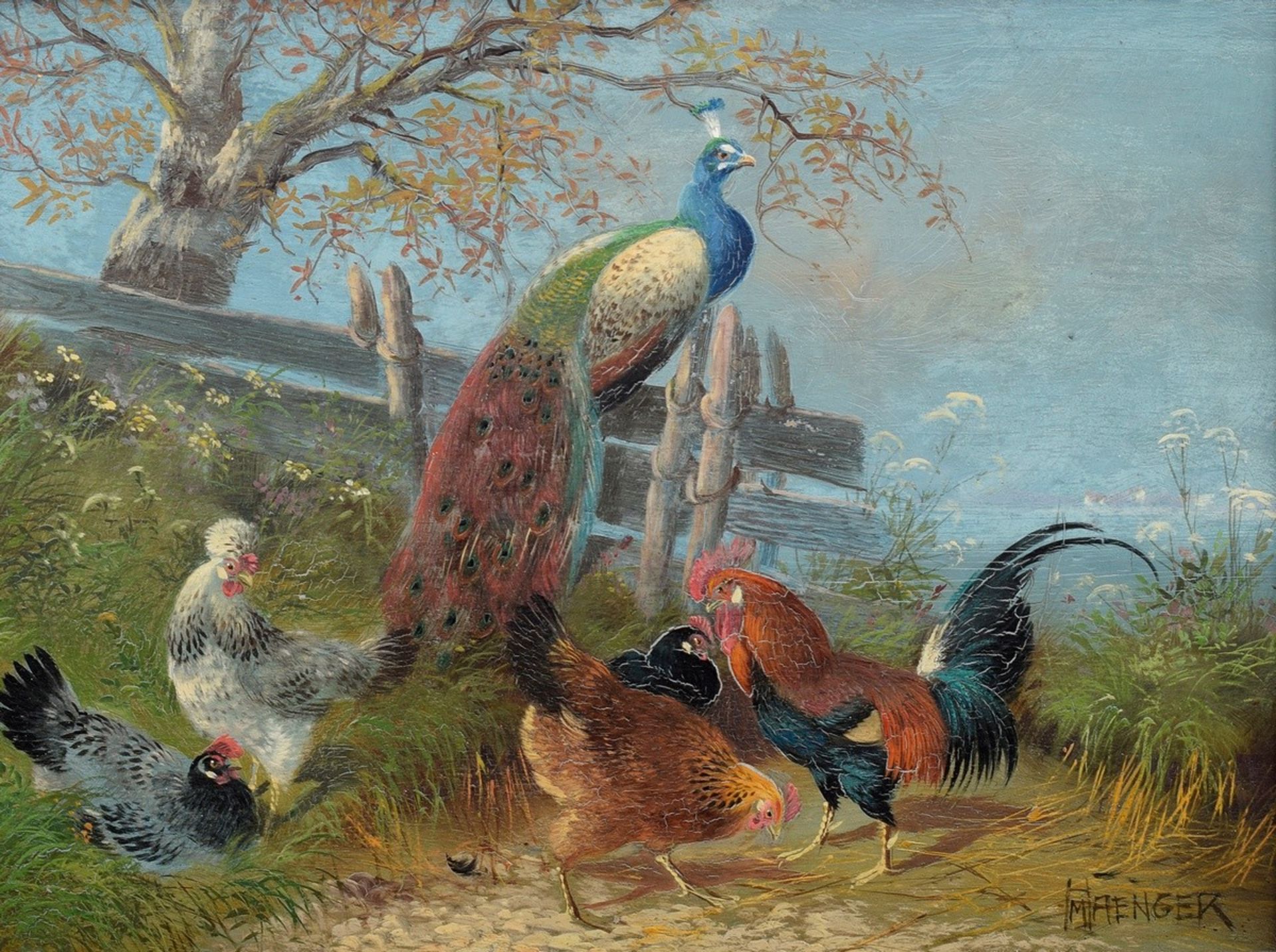 Hänger, Max I (1874-1941) „Hühnerhof mit Pfau“, | H'nger, Max I (1874-1941) "Chicken yard with Pea