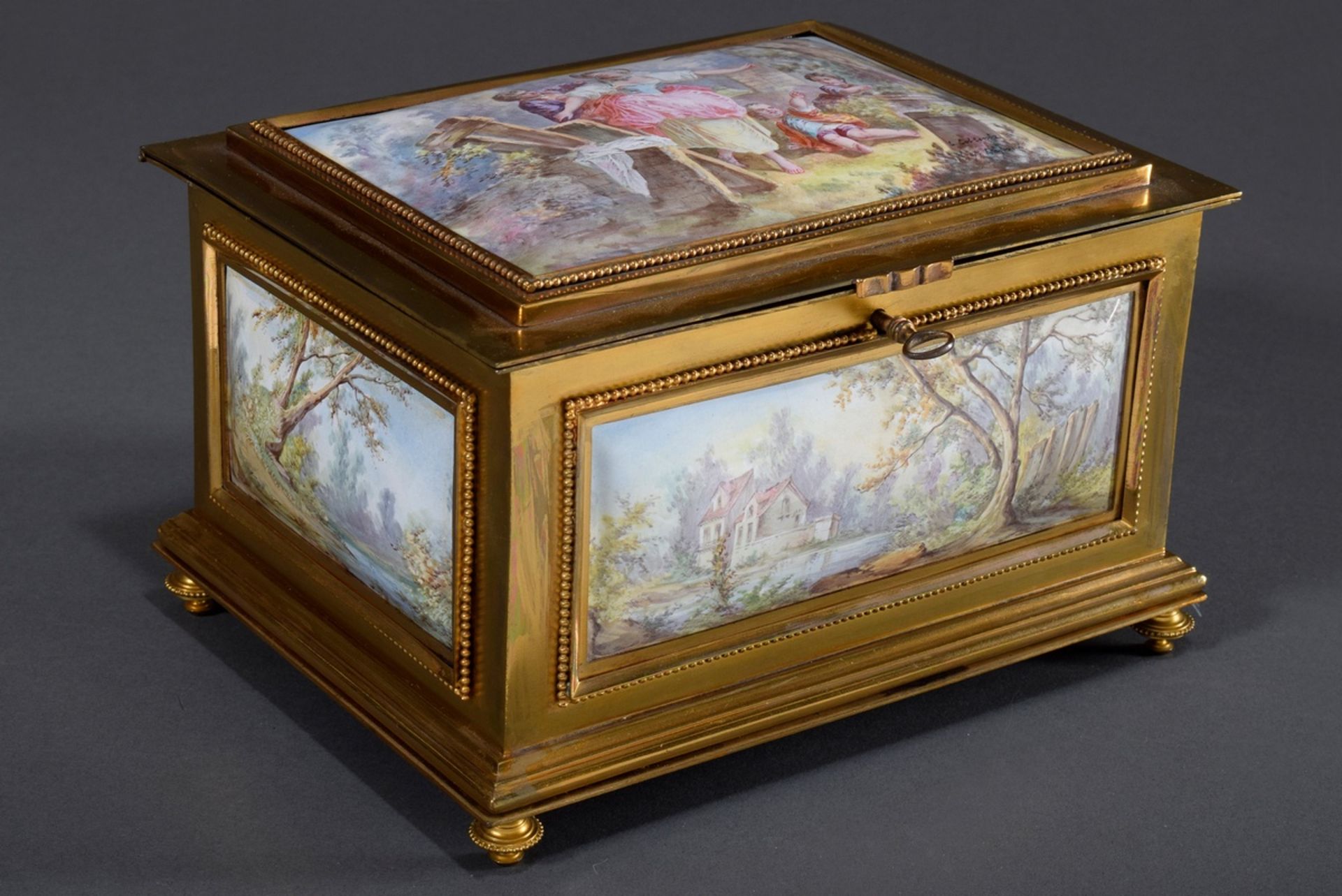 Große französische Emaille Schatulle mit 5 lupen | Large French enamel casket with 5 flawless pictu - Bild 2 aus 9