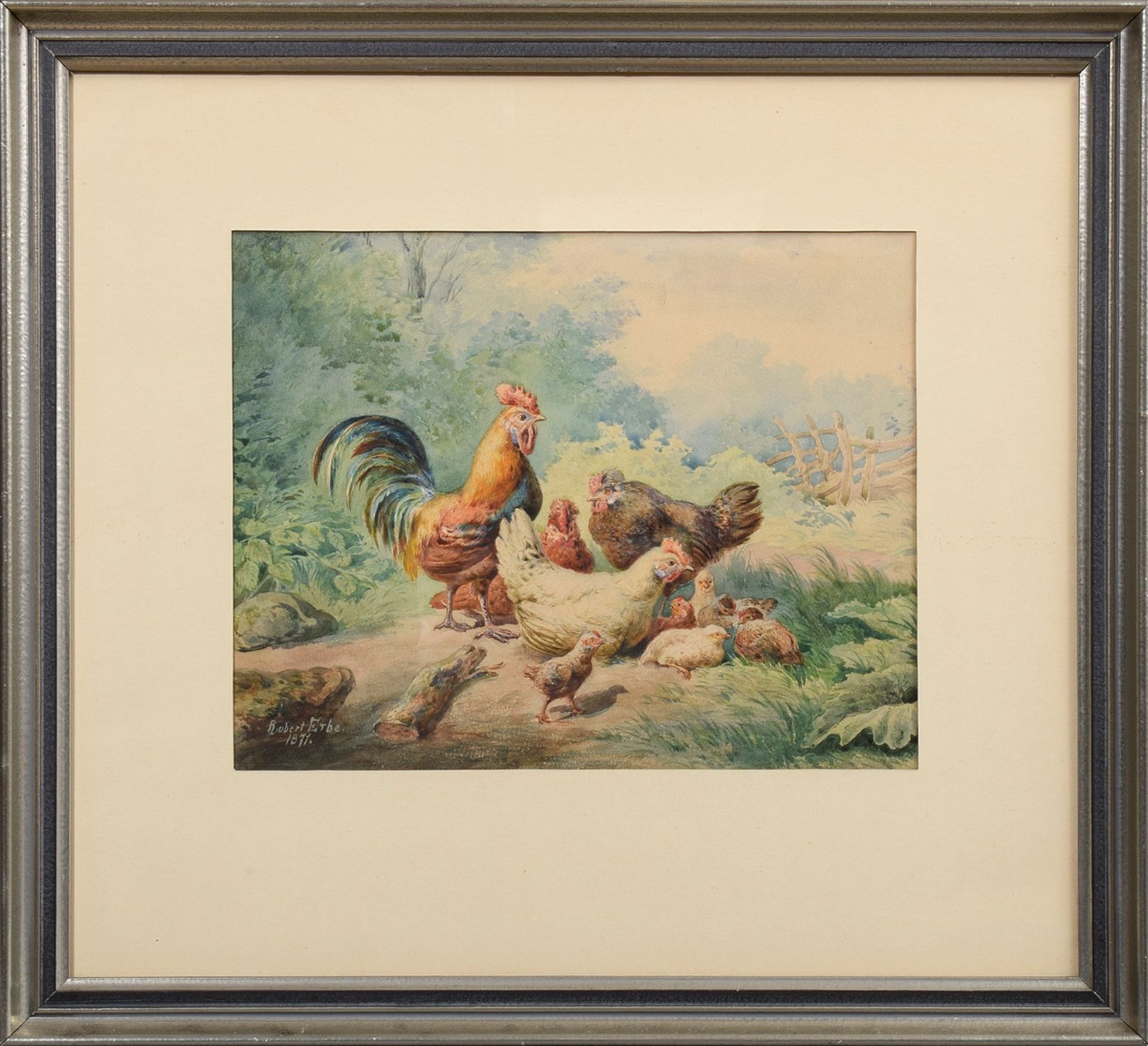 Erbe, Robert (1844-1903) "Hühner" 1871, Aquarel | Erbe, Robert (1844-1903) "Chickens" 1871, waterco - Bild 2 aus 3