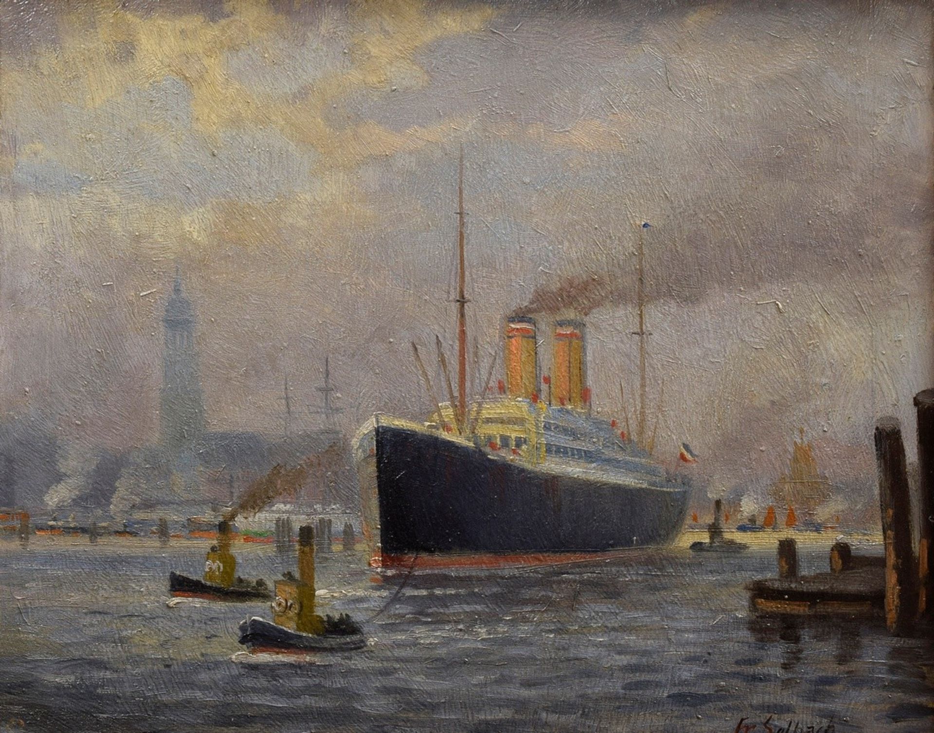 Selbach, Friedrich "Dampfer mit Schleppern im Ha | Selbach, Friedrich "Steamer with tugs in Hamburg